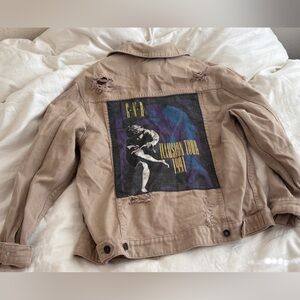 Guns and roses Distressed Beige Denim Jacket with Graphic Back Patch